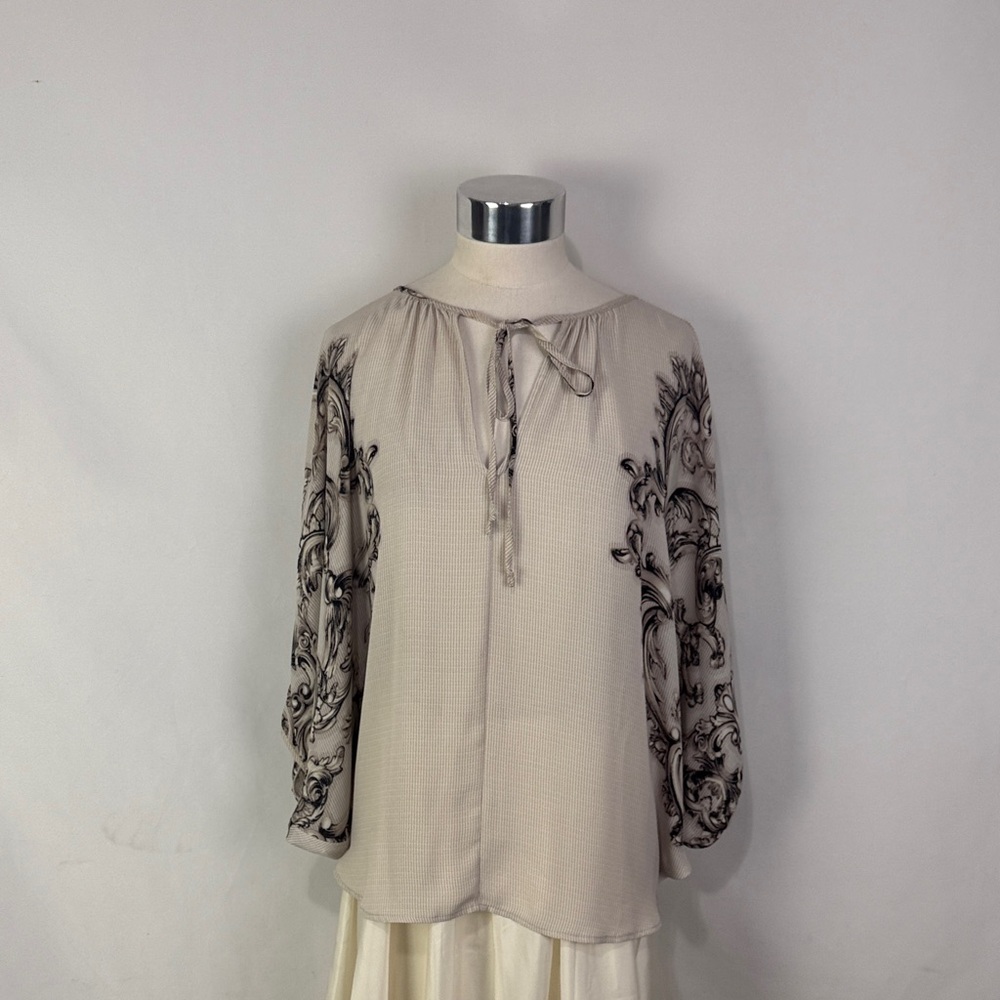 BCBG Cream Striped Black Floral Tunic Top